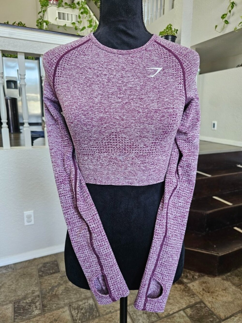 GymShark Vital Seamless Crop-Long Sleeve-Shirt-Small-Plum Women's - Picture 3 of 13